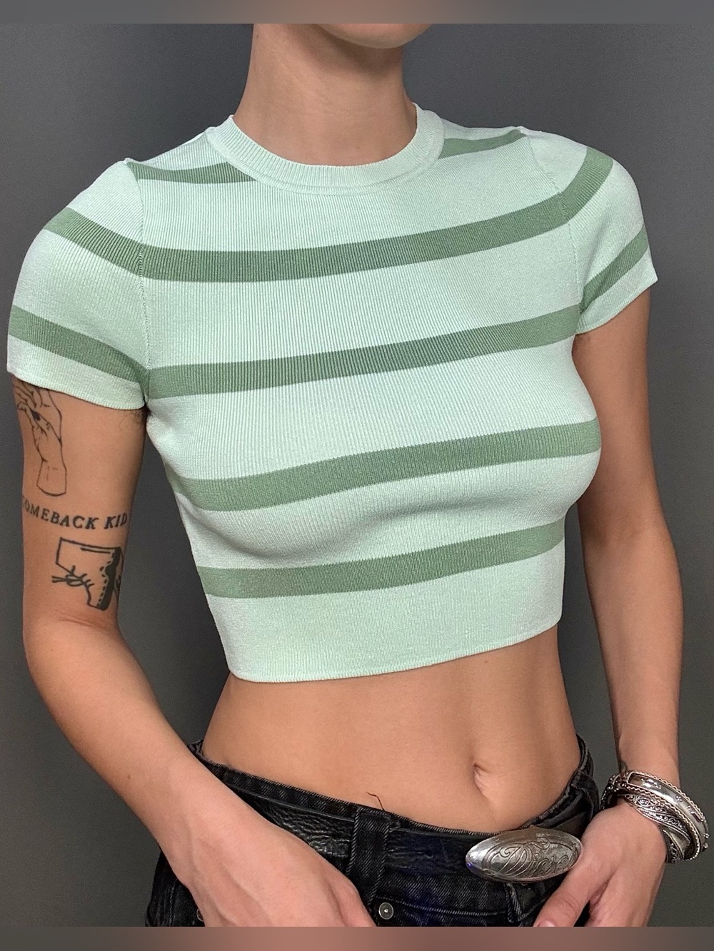 Green Stripe Crop Top